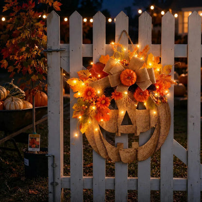 🎃✨ Lighted Burlap Pumpkin Wreath